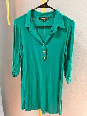 Goddess GDS Tunic Top Small S Emerald Green Henley Roll Tab Sleeve Gold Buttons